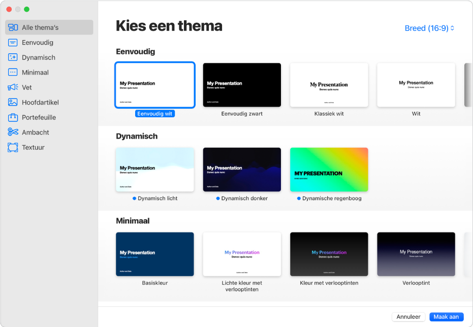 De themakiezer. De navigatiekolom aan de linkerkant bevat themacategorieën waarmee je de beschikbare thema's kunt filteren. Aan de rechterkant staan miniaturen van vooraf gedefinieerde thema's die per categorie zijn gerangschikt. Rechtsboven staat de knop waarmee je kunt kiezen tussen thema's met dia's in een standaardformaat of een breed formaat. Linksonder staat het venstermenu voor de taal en regio en rechtsonder staan de knoppen 'Annuleer' en 'Maak aan'.