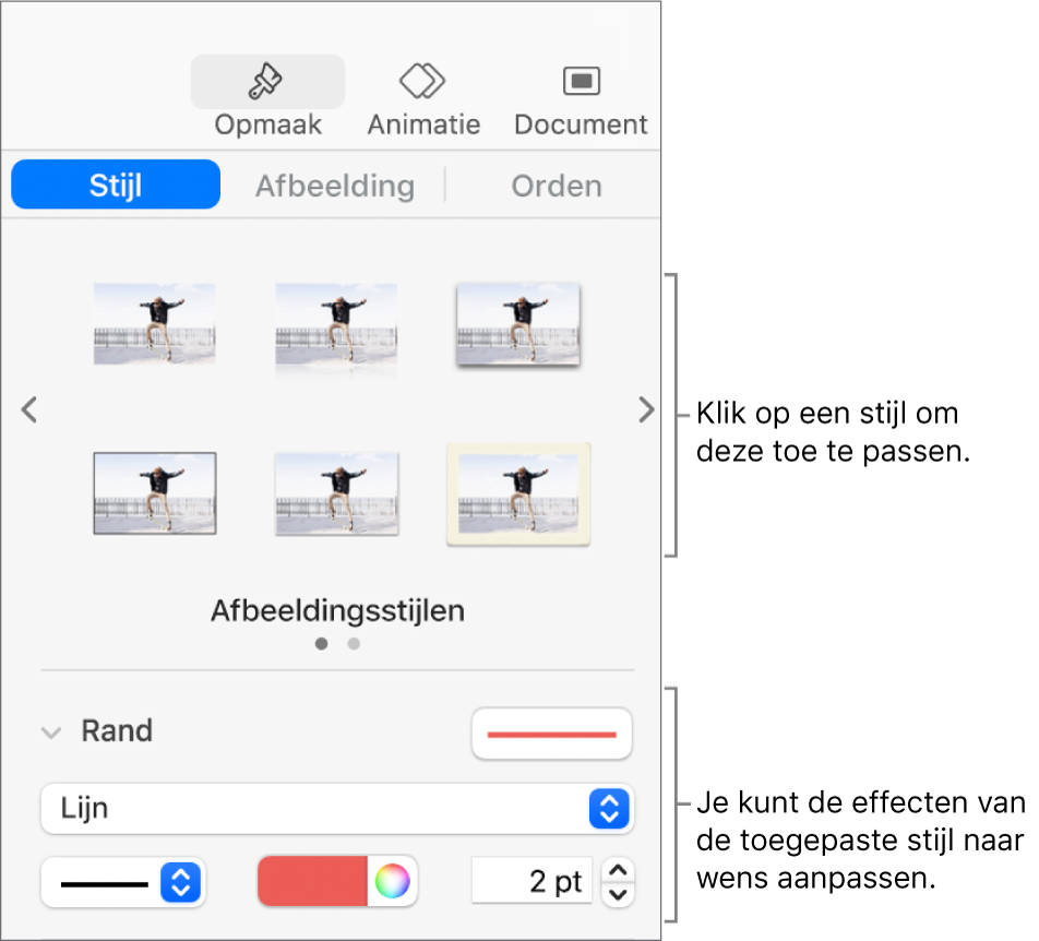 Het tabblad 'Stijl' van de navigatiekolom 'Opmaak' met stijlopties voor het object.