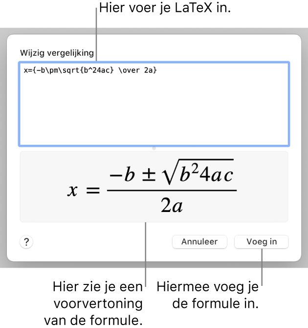 In het veld 'Vergelijking' staat een LaTeX-wortelformule, met daaronder een voorvertoning van de formule.