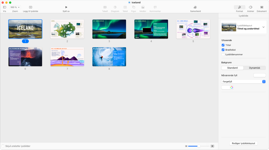 Lysbordvisningen viser ni lysbilder horisontalt i to rader, med alternativer for å endre temaets utseende i Format-sidepanelet på høyre side av skjermen.