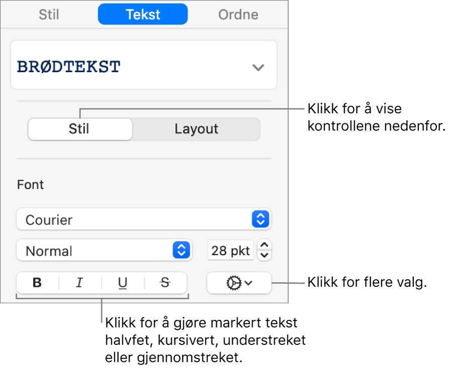 Stil-kontrollene i sidepanelet med bildeforklaringer for Halvfet-, Kursiv-, Understreket- og Gjennomstreket-knappene.