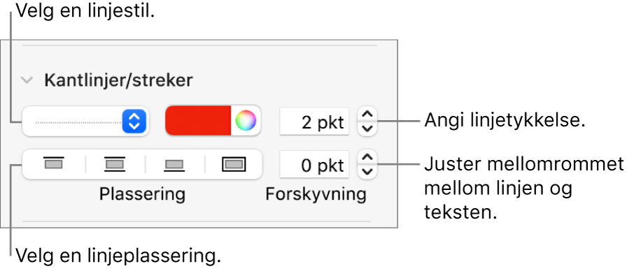 Kontroller for å endre stil, tykkelse, plassering og farge for linjen.