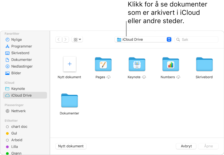 Åpne-dialogruten med sidepanelet åpent på venstre side og iCloud Drive valgt i lokalmenyen øverst. Mapper for Keynote, Numbers og Pages vises i dialogruten sammen med en Nytt dokument-knapp.