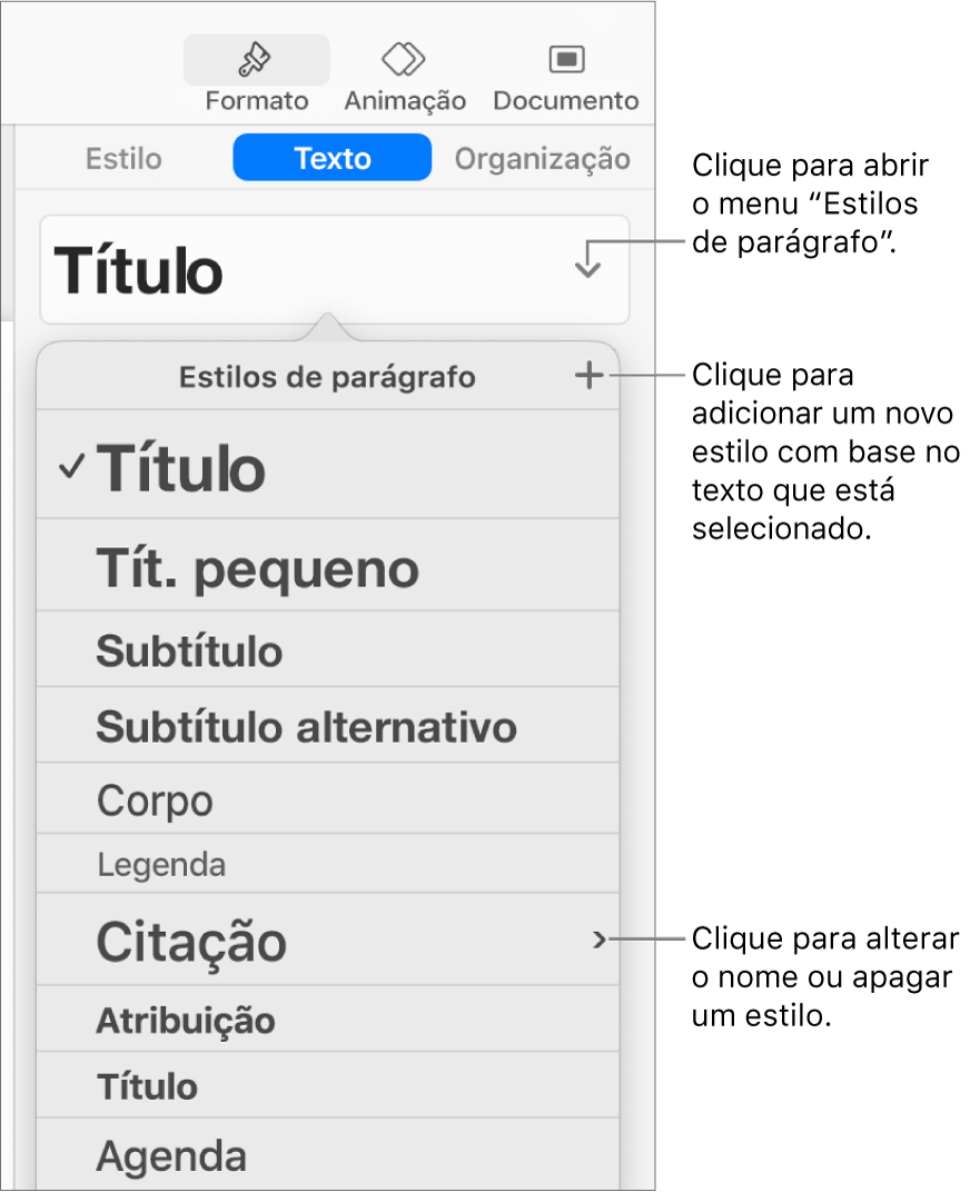 O menu “Estilos de parágrafo”, mostrando os controlos para adicionar ou alterar um estilo.