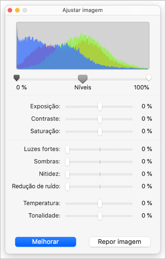 A janela “Ajustar imagem” com niveladores para definir exposição, contraste, saturação, luzes, sombras, nitidez, ruído, temperatura e tonalidade.