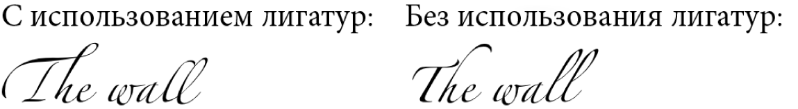 Примеры текста с лигатурами и без них.