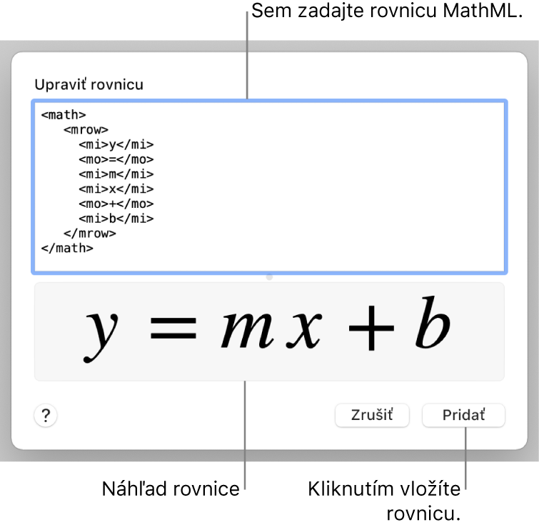 Rovnica sklonu čiary v poli Upraviť rovnicu, nižšie sa nachádza náhľad vzorca.