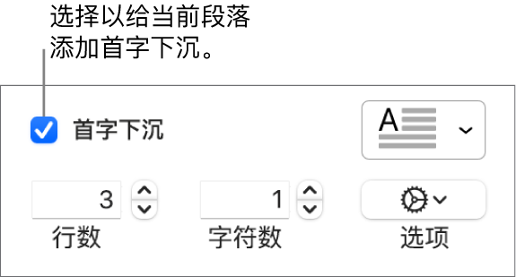 “首字下沉”复选框已选中，其右侧显示了一个弹出式菜单；其下方是用于设置行高和字符数的控制以及其他选项。