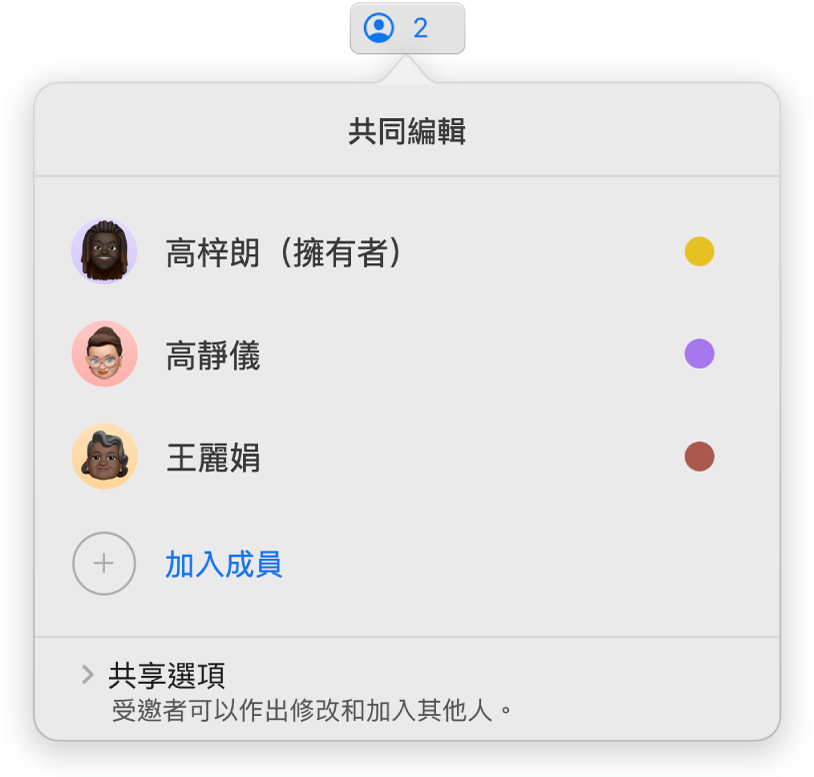 「共同編輯」選單，顯示共同編輯簡報的人員名稱。分享選項顯示在名稱下方。