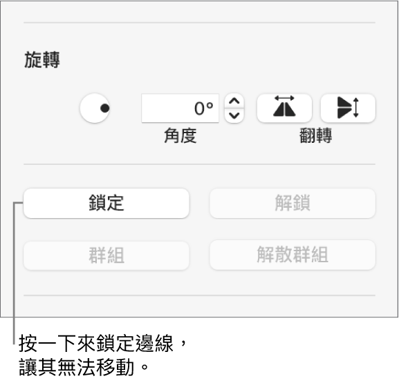 「旋轉」、「鎖定」和「群組」物件控制項目顯示「鎖定」按鈕的說明框。
