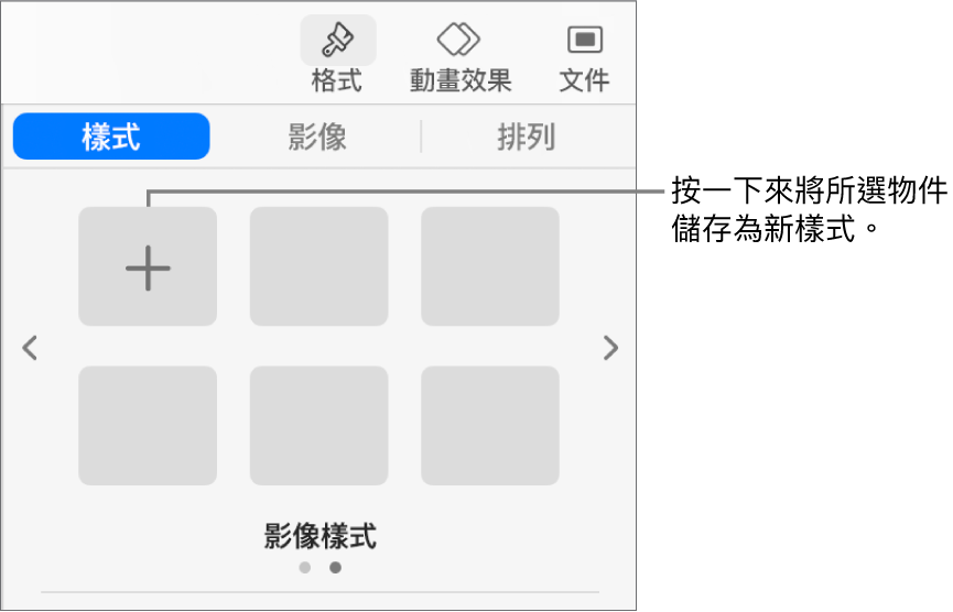 「格式」側邊欄的「樣式」標籤頁帶有一個文字框樣式，右側是「製作樣式」按鈕，以及四個空白的樣式暫存區。