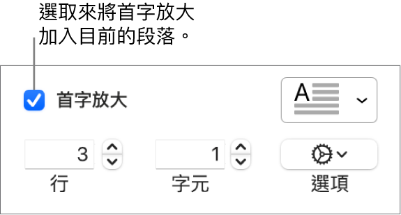 已選取「首字放大」註記框，其右方顯示彈出式選單；其下方顯示設定行高、字元數和其他選項的控制項目。