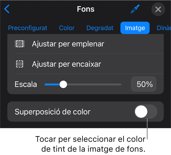 Els controls del fons amb una imatge com a fons de diapositiva i el control "Superposició de color" a la part inferior.