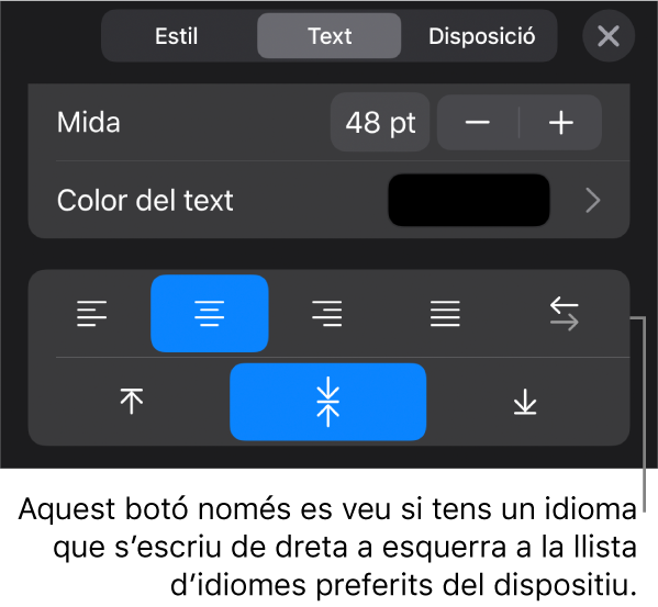 Controls de text del menú Format, amb una llegenda per al botó “De dreta a esquerra”.