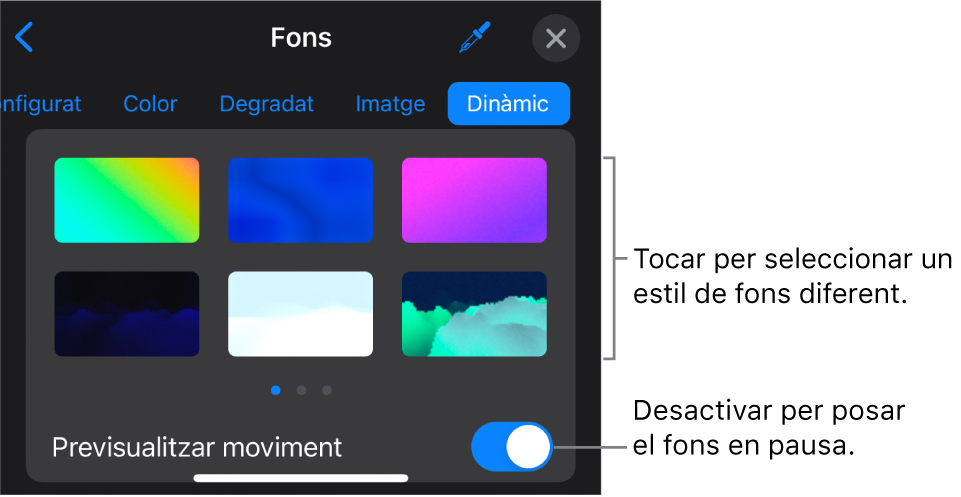 Els controls de fons dinàmic on es mostren les miniatures de l'estil de fons i el botó "Previsualitzar moviment".