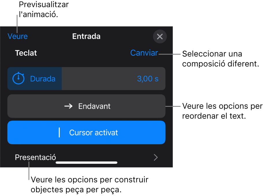 Les composicions d’entrada tenen les opcions Durada, “Animació de text” i Presentació. Toca Canviar per seleccionar una entrada diferent, o toca Previsualitzar per previsualitzar la composició.