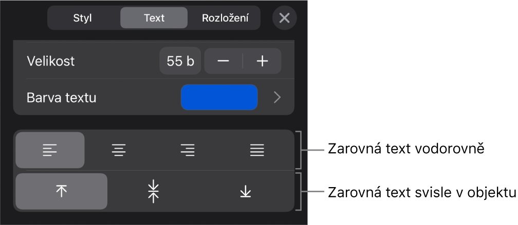 Oddíl Zarovnání v inspektoru formátování s popisky tlačítek zarovnání textu