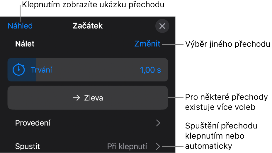 Ovládací prvky pro úpravu přechodu na panelu Volby