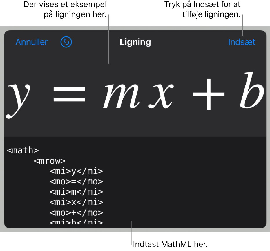 MathML-koden til ligningen til en linjes stigning og derover et eksempel på formlen.