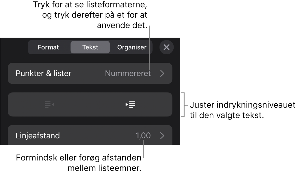 Området Punkter & lister under betjeningsmulighederne til format med billedforklaringer til Punkter & lister, knapperne Ryk ind og Ryk ud og betjeningsmulighederne til linjeafstand.
