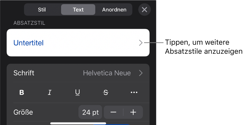 Das Menü „Format“ mit Textsteuerelementen zum Festlegen von Absatz- und Zeichenstilen, Schrift, Größe und Farbe