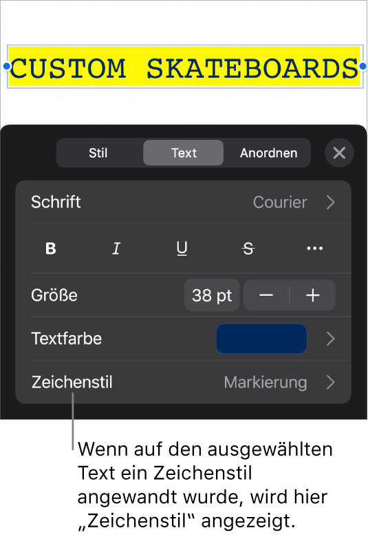 Die Steuerelemente für die Textformatierung mit „Zeichenstil“ unter den Farbsteuerungen Der Zeichenstil „Ohne“ mit einem Stern