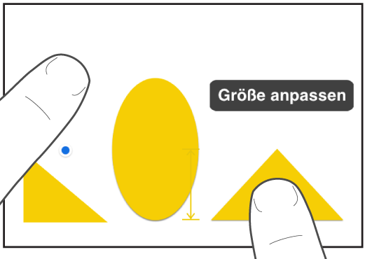 Ein Finger knapp über einer Form, ein zweiter Finger fest auf einem Objekt und eingeblendete Option „Größe anpassen“