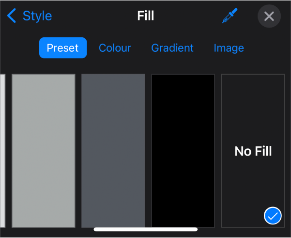 The Fill controls with No Fill selected.