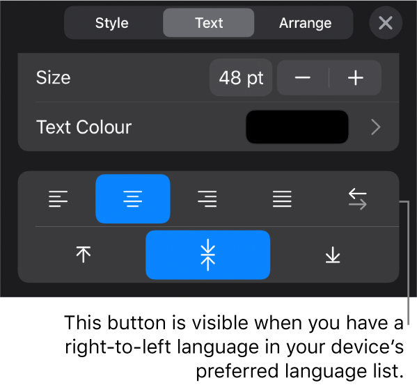 Text controls in the Format menu, with a callout to the Right to Left button.