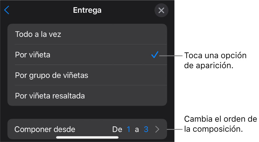 Opciones de Entrega en el panel Entrada.