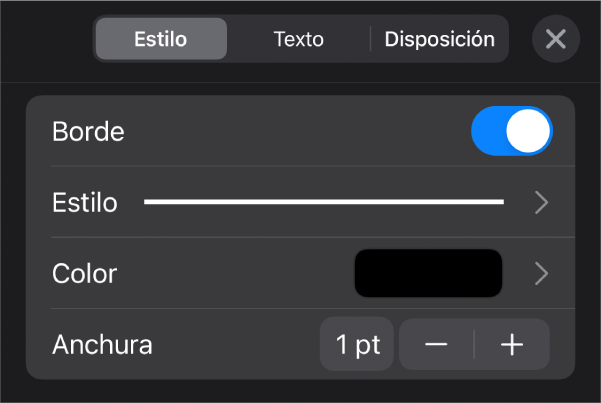 Controles de personalización del estilo del borde.