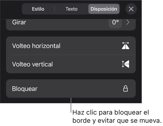 Controles de Disposición en el menú Formato con el botón Bloquear señalado.