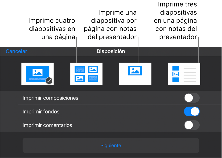 Opciones de disposición de impresión.