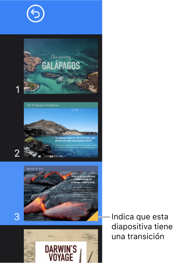 Un triángulo amarillo sobre una diapositiva indica que la diapositiva posee una transición.