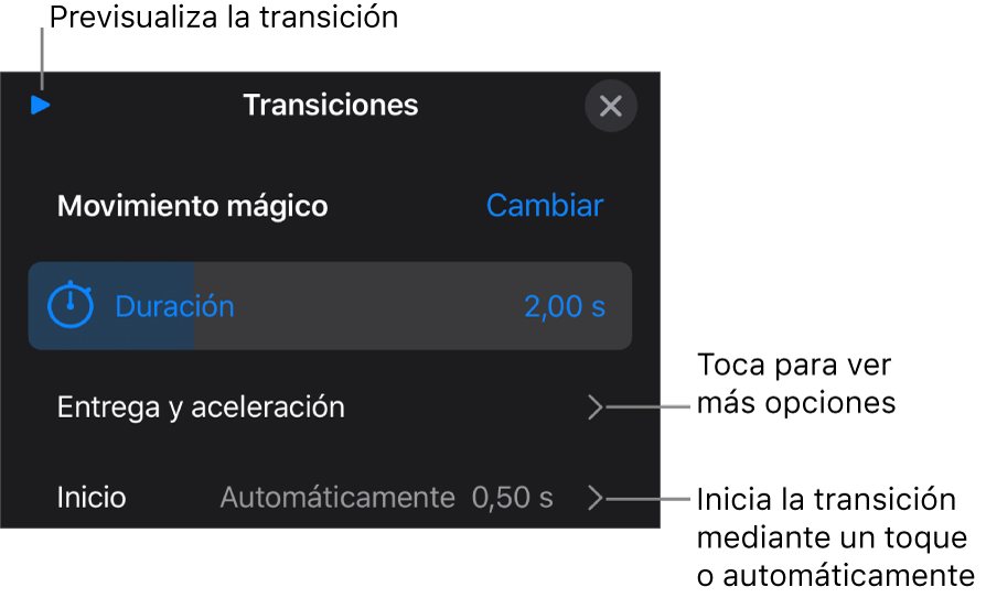 Controles de “Movimiento mágico” en el panel Transiciones.