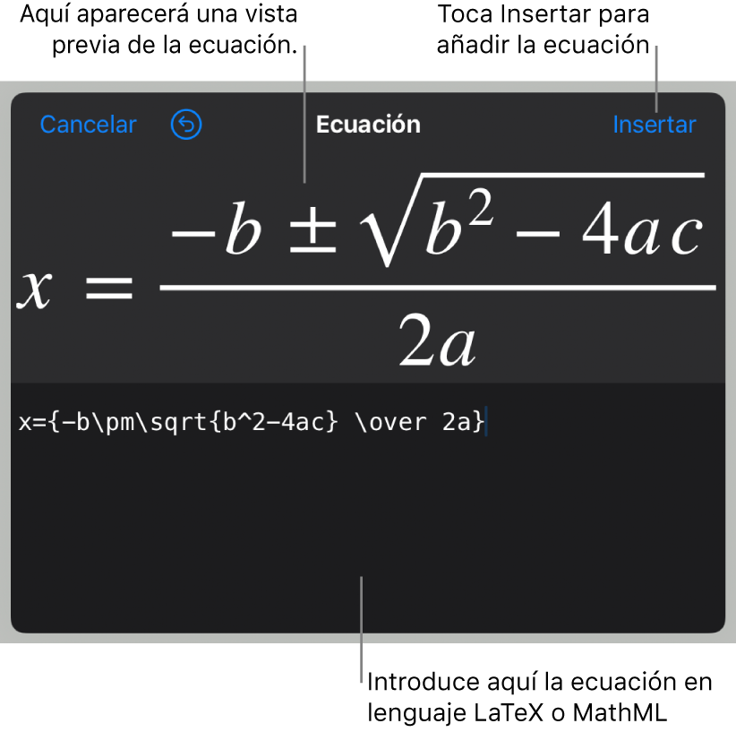 El diálogo Ecuación con la fórmula cuadrática escrita con comandos de LaTeX y una previsualización de la fórmula encima.