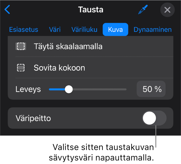 Tausta-säätimet, joissa kuva on asetettu dian taustaksi, ja Värin täyttö -säädin näkyy alareunassa.