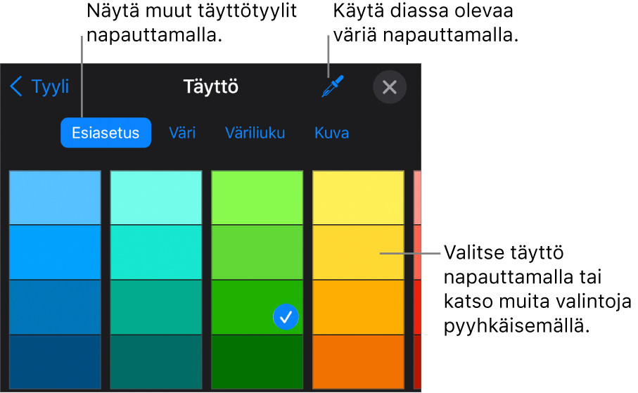 Tyyli-välilehden Täyttö-valinnat.