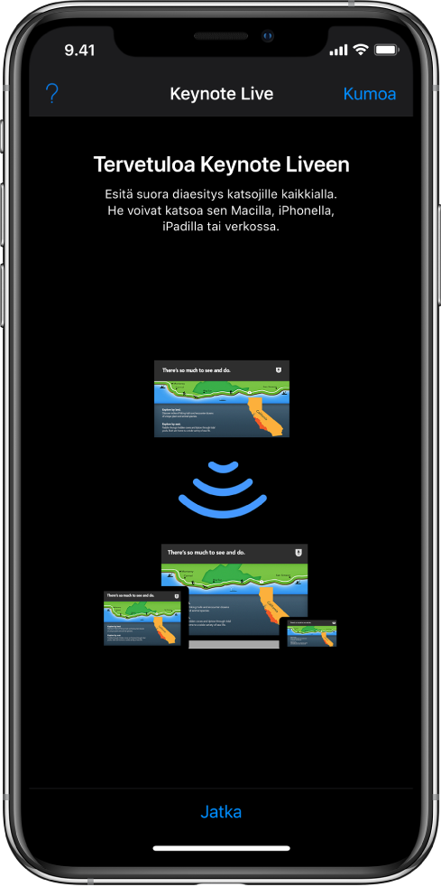 Video, jossa esitellään Keynote Live ja alhaalla on Jatka-painike.