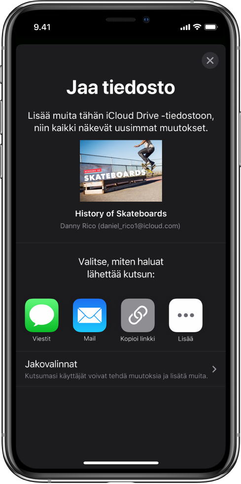 Lisää ihmisiä -näytöllä näkyy kuva esityksestä, jota ollaan jakamassa. Alapuolella on painikkeita kutsun lähettämiseen. Vaihtoehtoina ovat muun muassa Viestit, Mail ja Kopioi linkki. Alareunassa on Jakovalinnat-painike.