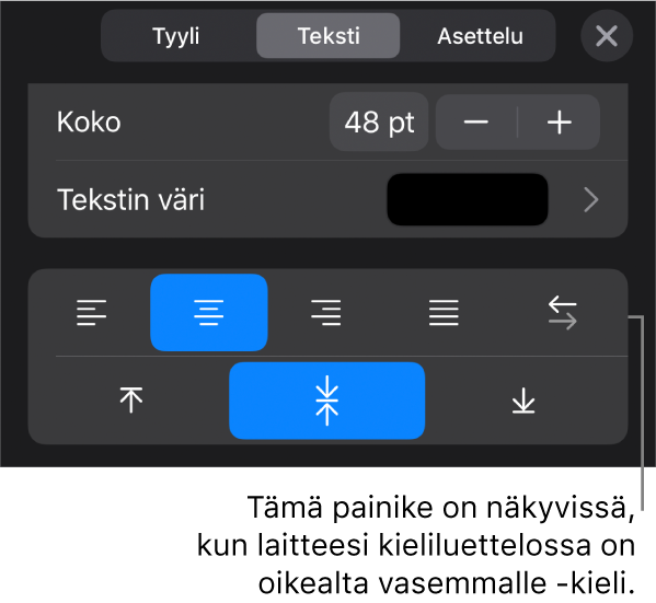 Muoto-valikon tekstisäätimet ja selite Oikealta vasemmalle -painikkeeseen.