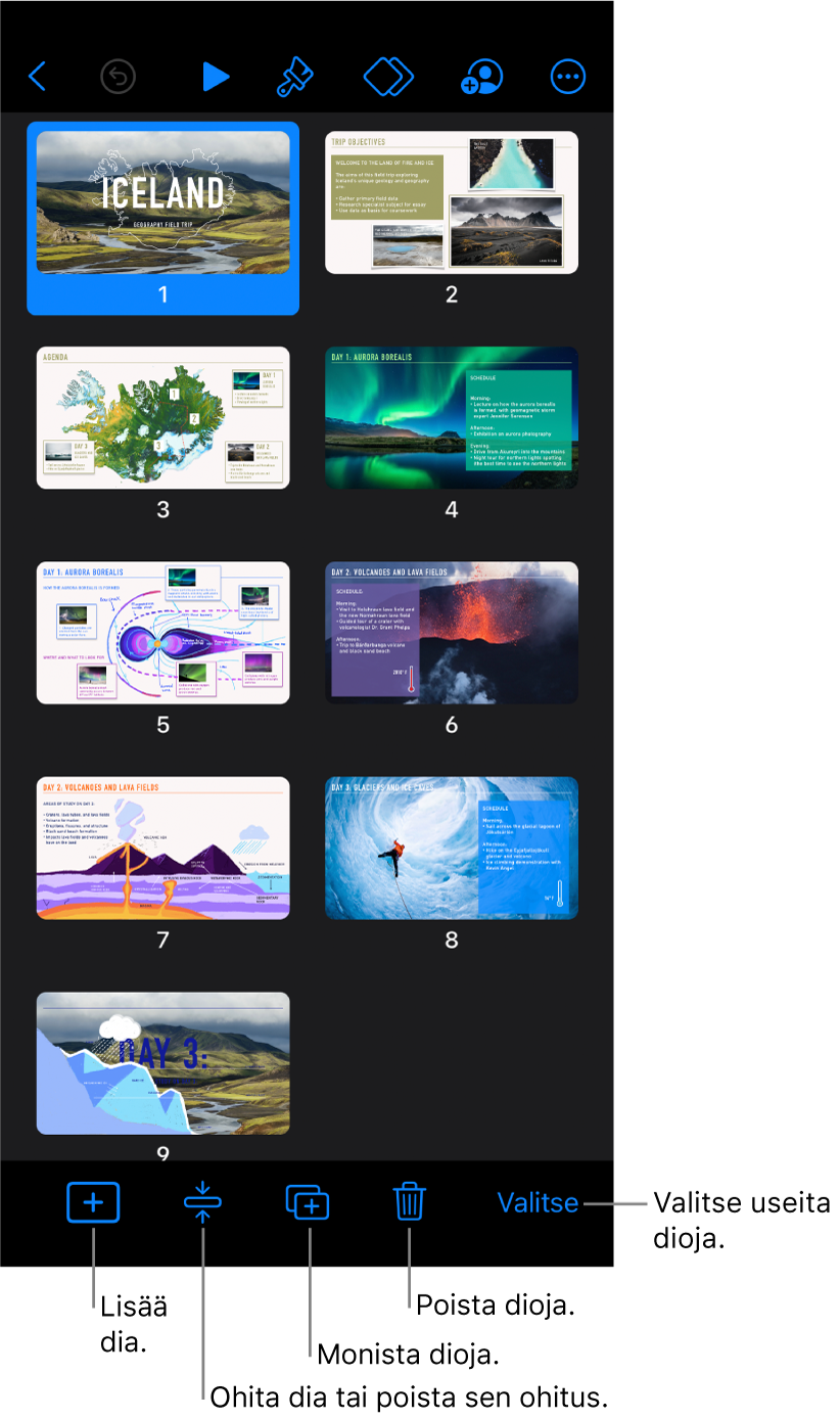 Valopöytänäkymä, jossa on näytön alareunassa painikkeet diojen lisäämiselle, ohittamiselle, monistamiselle, poistamiselle ja useiden diojen valitsemiselle.