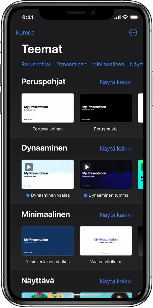 Teemanvalitsin, jonka yläreunassa näkyy kategorioiden rivi, jota napauttamalla voidaan suodattaa vaihtoehtoja. Oikeassa yläkulmassa on Lisää-painike, jolla voit asettaa tavallisen tai leveän muodon sekä tietyn kielen tai alueen muotoilut. Alla on esimääritettyjen teemojen miniatyyreja, jotka on järjestetty riveihin kategorian mukaan. Näytä kaikki -painike tulee näkyviin kunkin kategorian yläpuolelle oikealla.