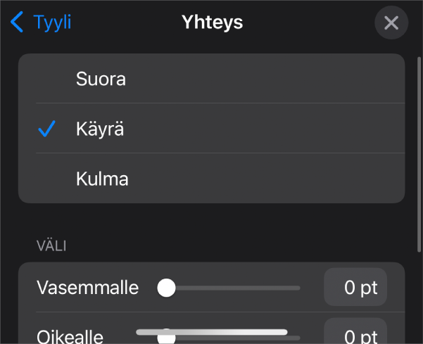 Yhteys-säätimet ja Käyrä valittuna.