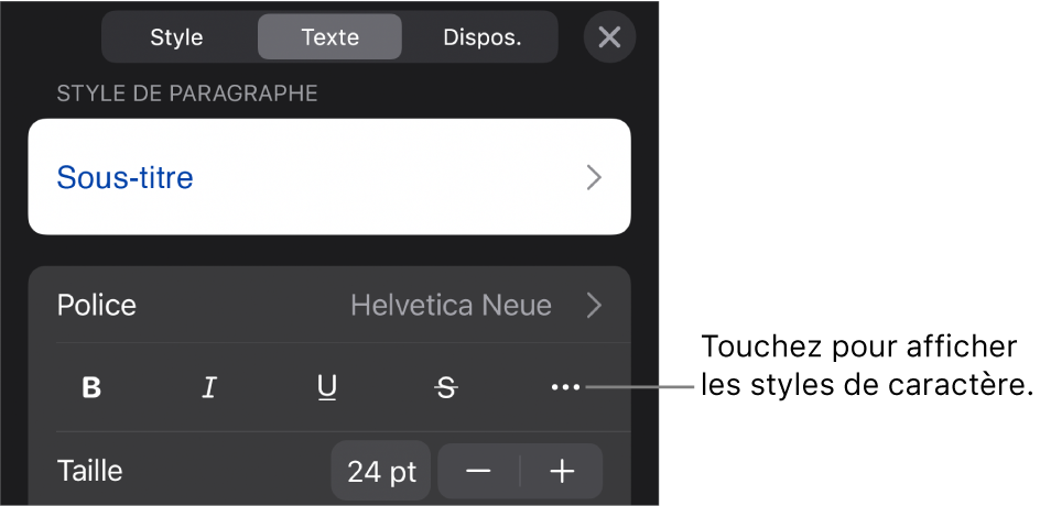 Les commandes de Format avec les styles de paragraphes en haut, puis les commandes de Police. Sous Police se trouvent les boutons Gras, Italique, Souligné, Barré et Plus d’options de texte.