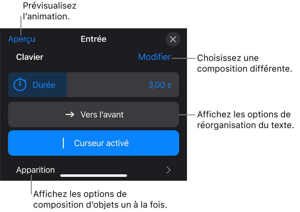 Les options de composition comprennent Durée, Animation du texte et Apparition. Touchez Modifier pour choisir une composition différente, ou touchez Aperçu pour la prévisualiser.