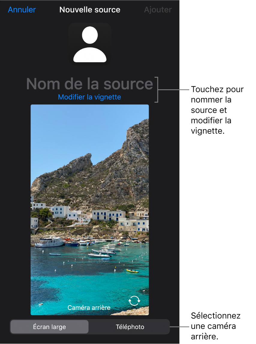 Fenêtre Nouvelle source avec les commandes de modification de la vignette et du nom de la source au-dessus d’un aperçu en direct provenant de la caméra. Si votre iPhone possède plusieurs caméras arrière, des boutons permettant de les sélectionner sont affichés en bas de l’écran.