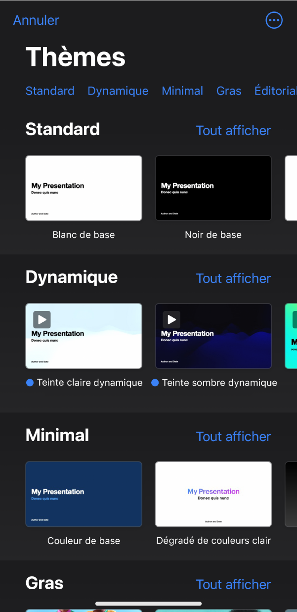 Le sélecteur de thèmes affiche en haut une rangée de catégories que vous pouvez toucher pour filtrer les options. Le bouton Plus se situe dans le coin supérieur droit et vous permet de définir le format Standard ou Étendue et de définir une mise en forme pour une langue ou une région particulière. En dessous se trouvent des vignettes de thèmes prédéfinis disposées en rangées par catégorie. Un bouton « Voir tout » apparaît au-dessus et à droite de la ligne de chacune des catégories.