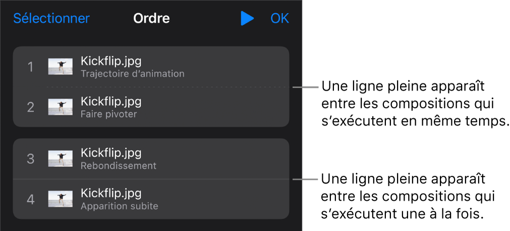 Le menu Ordre de composition avec une ligne pointillée entre les compositions exécutées simultanément et une ligne solide entre celles exécutées une à la fois.