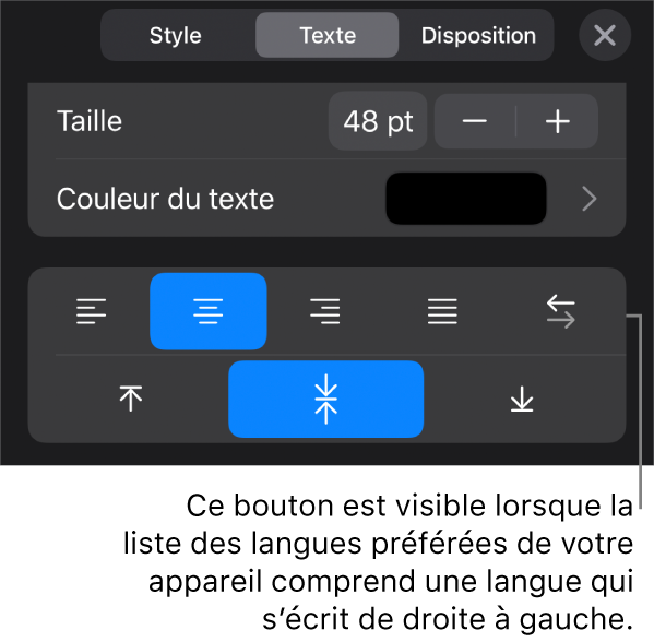 Commandes de texte du menu Format avec le bouton De droite à gauche accompagné d’une légende.